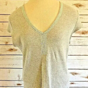 ONE CLOTHING Women Short Sleeve Pull Over V-Neck Studs Gray Shirt Top Size M